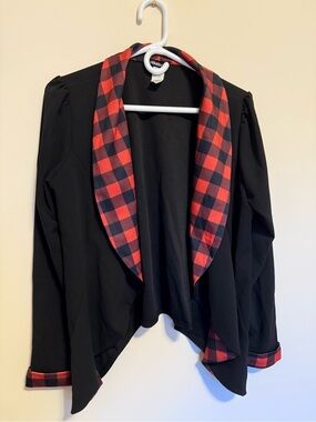 HEIMISH USA Black Jacket with Red Plaid Shawl Collar
